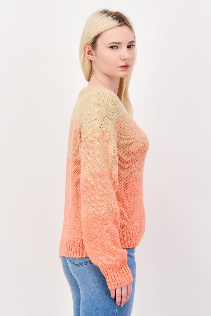 Fire & Glory Women Crew Neck Crochet Long Sleeve Sweater, Orange - Image 3